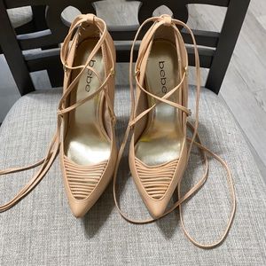 Bebe Cream Taupe 5 1/2” Laced-Up Heeled Stiletto.